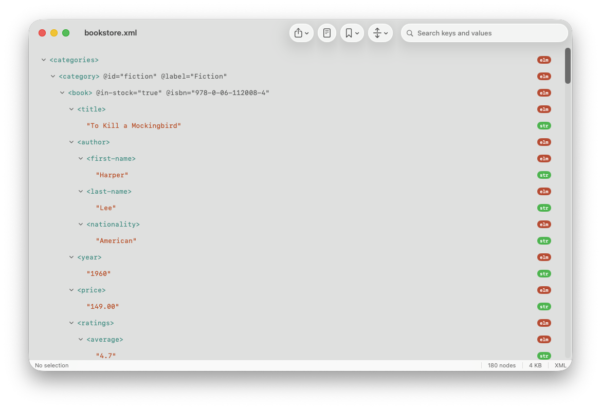 XML document with namespace and attribute badges